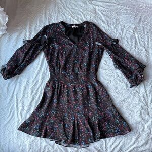 Parker Black Blue Pink Floral Peplum Ruffle Long Sleeve Mini Dress Cinch Waist